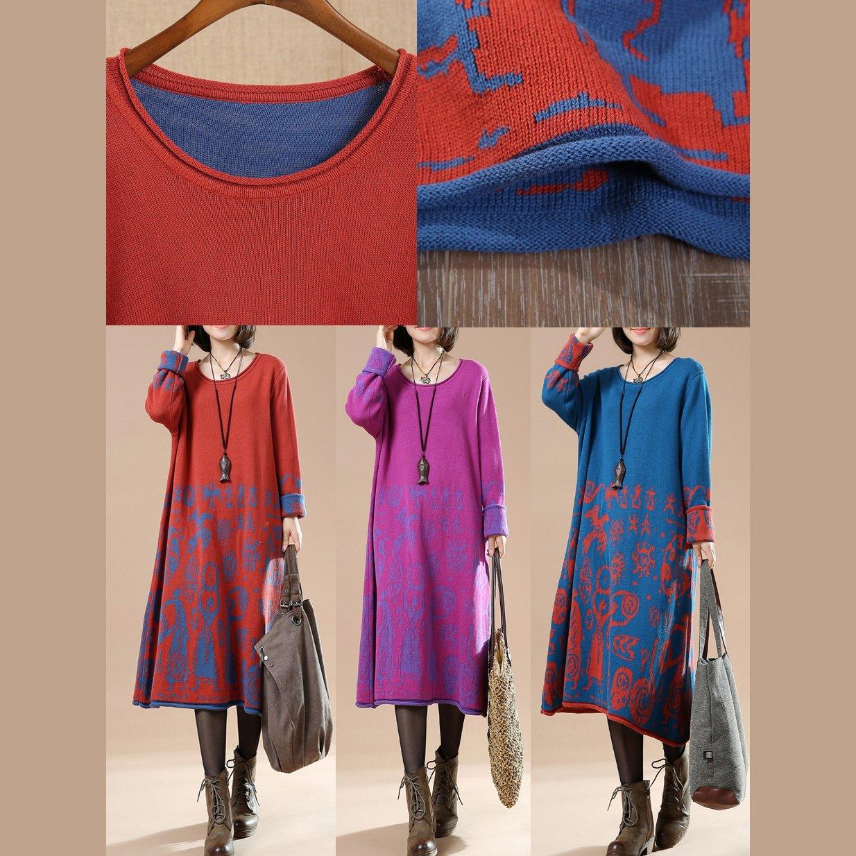 Royal blue sweaters long knit dresses plus size winter dress secret paper cut - Omychic