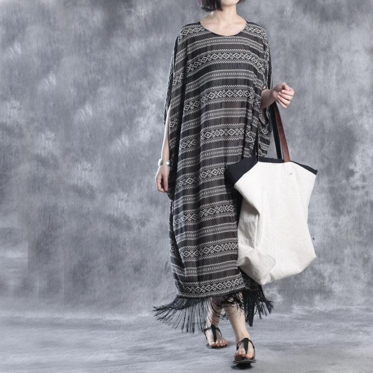 Tasseled linen dresses print linen maxi dress oversize caftans - Omychic