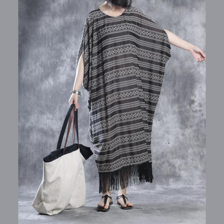 Tasseled linen dresses print linen maxi dress oversize caftans - Omychic