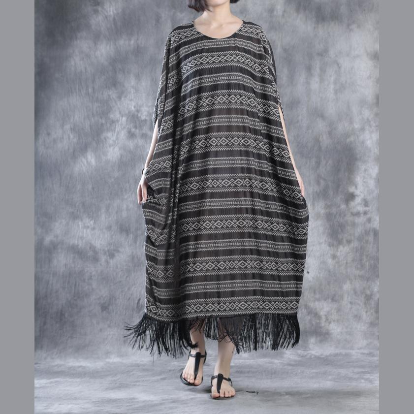 Tasseled linen dresses print linen maxi dress oversize caftans - Omychic