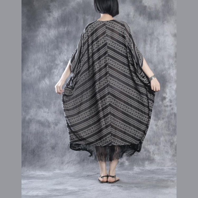 Tasseled linen dresses print linen maxi dress oversize caftans - Omychic