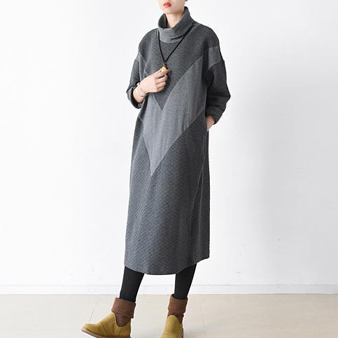 V print dust gray warm cotton dresses winter maxi dress caftans - Omychic