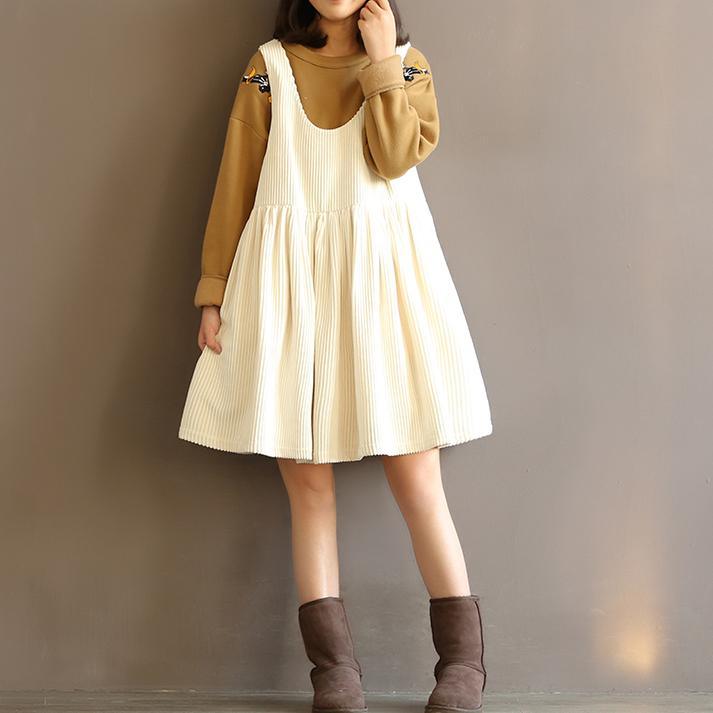 Vintage white corduroy sleeveless dress casual loose fitting cotton dresses - Omychic