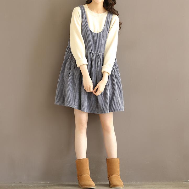 Vintage white corduroy sleeveless dress casual loose fitting cotton dresses - Omychic