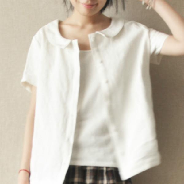 White short sleeve linen short women cardigan cotton short sleeve - Omychic