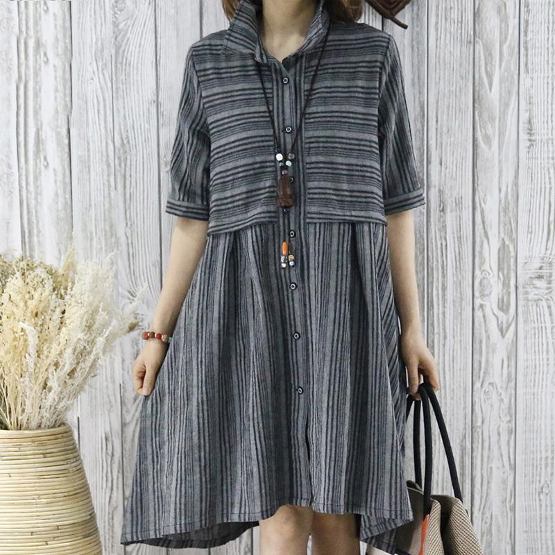 black grid linen sundress half sleeve summer dress maternity blouse - Omychic