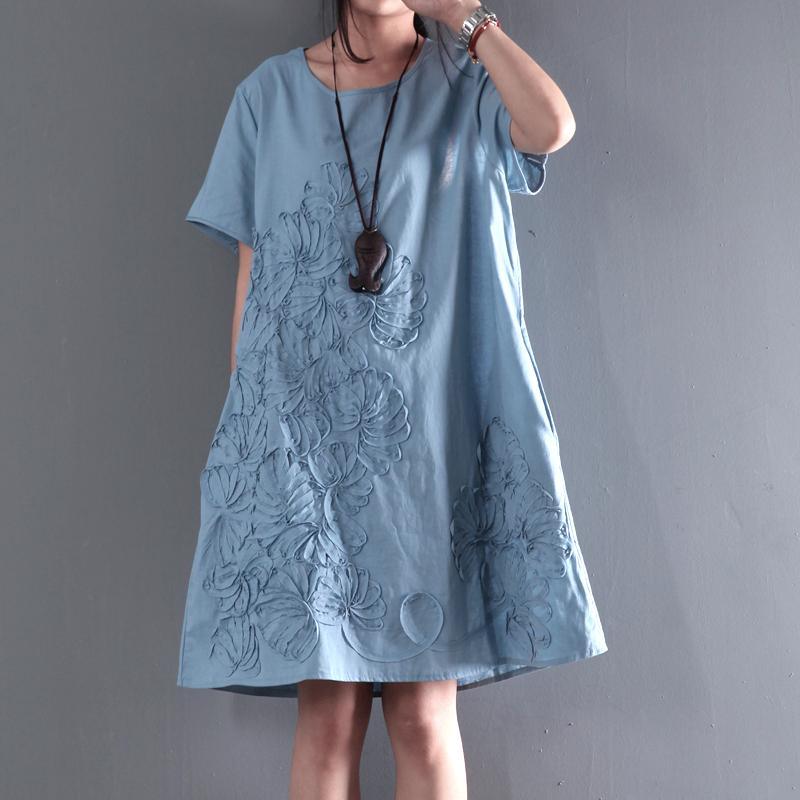blue short sleeve sundress Appliques summer blouse holiday shift dresses - Omychic