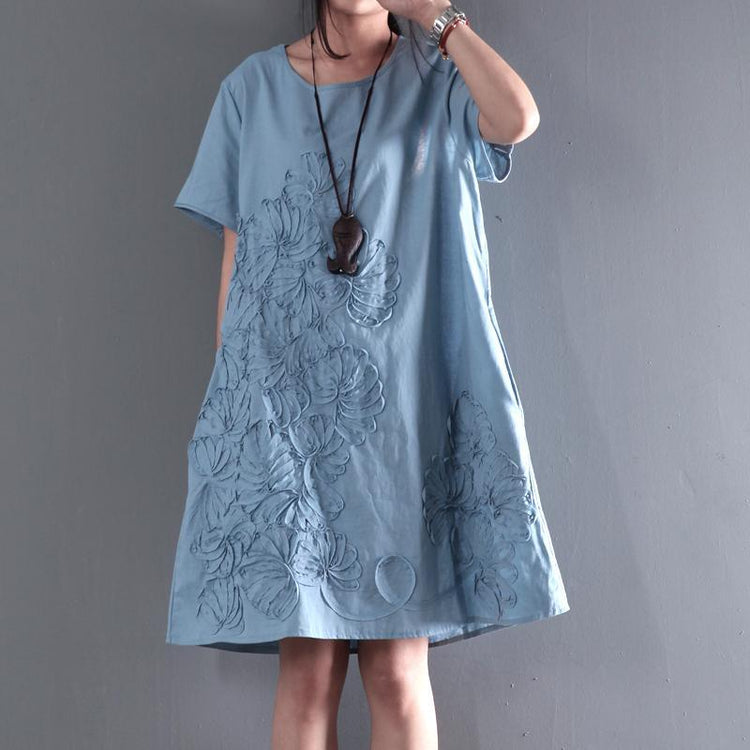blue short sleeve sundress Appliques summer blouse holiday shift dresses - Omychic