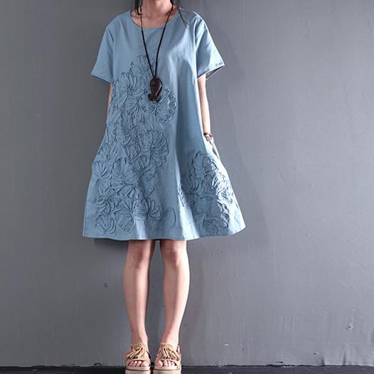 blue short sleeve sundress Appliques summer blouse holiday shift dresses - Omychic