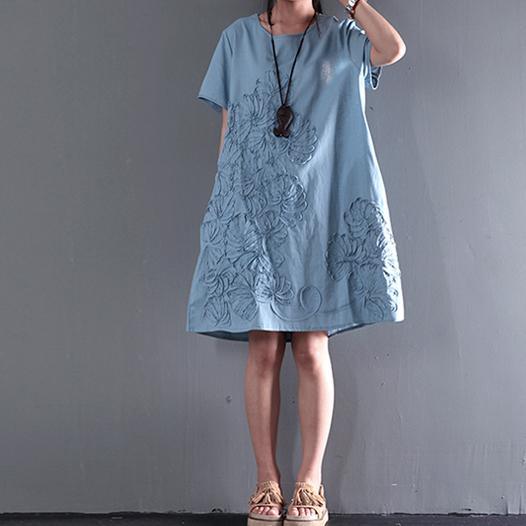 blue short sleeve sundress Appliques summer blouse holiday shift dresses - Omychic
