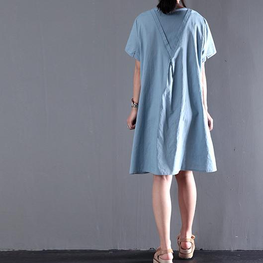 blue short sleeve sundress Appliques summer blouse holiday shift dresses - Omychic