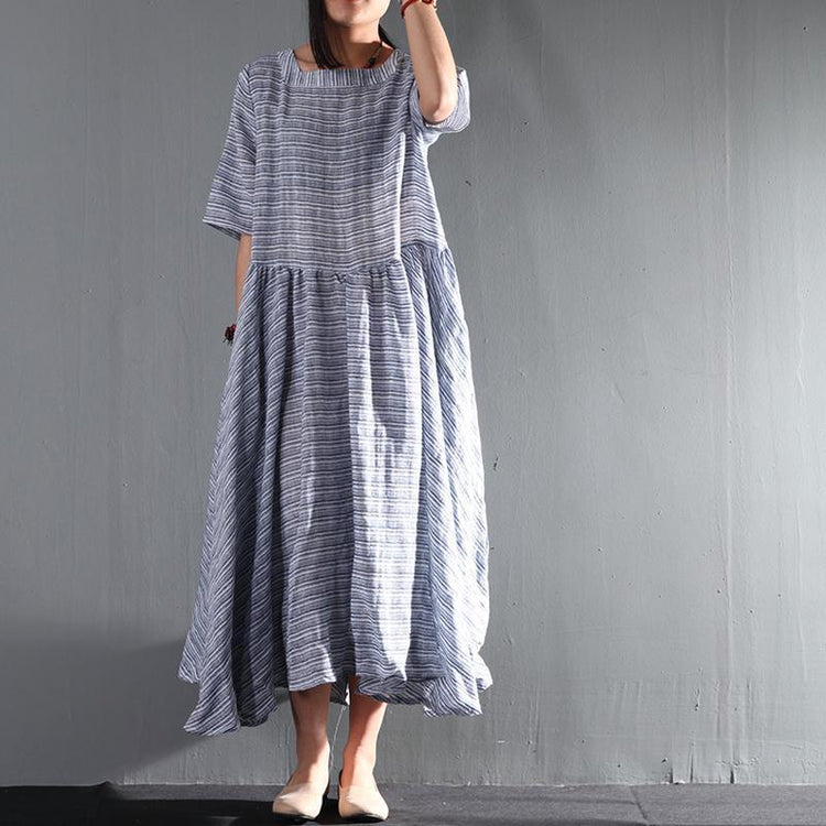 blue striped linen summer maxi dresses layered plus size sundress casual style - Omychic