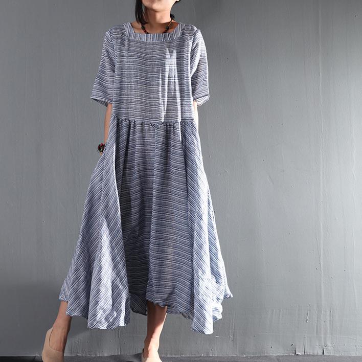 blue striped linen summer maxi dresses layered plus size sundress casual style - Omychic