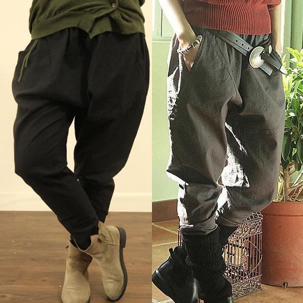 dark khaki linen baggy pockets harem boots pants - Omychic