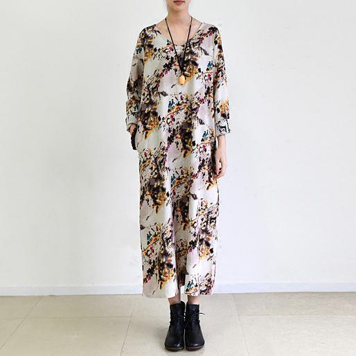 Fall Beige floral cotton dress plus size cotton clothing - Omychic