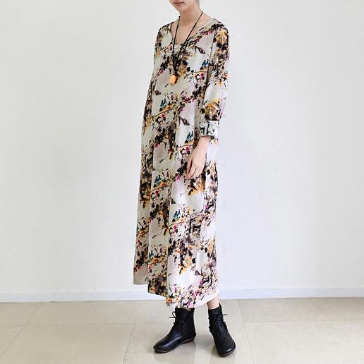 Fall Beige floral cotton dress plus size cotton clothing - Omychic