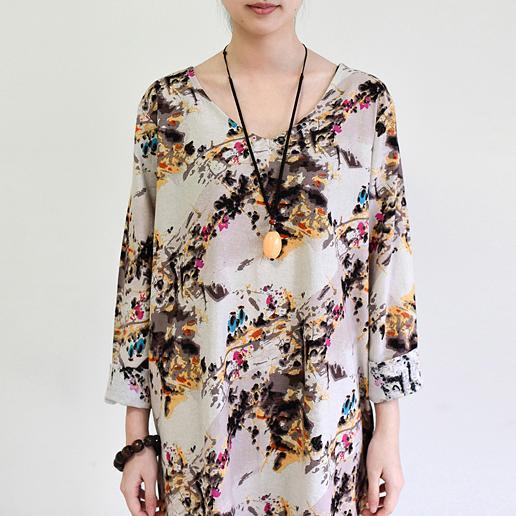 Fall Beige floral cotton dress plus size cotton clothing - Omychic