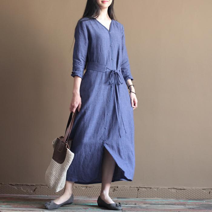 fall Blue vintage long line dresses plus size linen clothing - Omychic