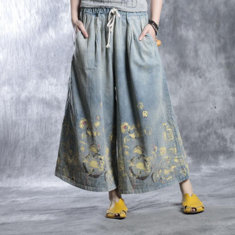 fall Denim pants floral wide leg pants trousers - Omychic