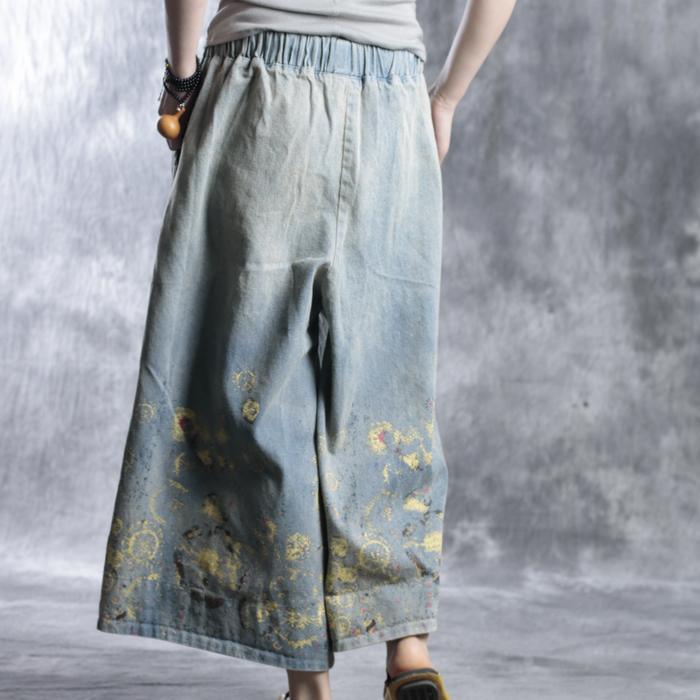 fall Denim pants floral wide leg pants trousers - Omychic