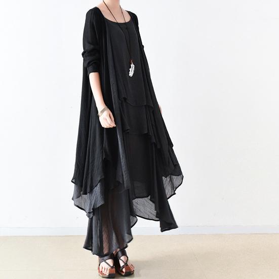 Fall Black Cotton Dresses Flowy Cardigan With Asymmetrical Layered Dress Inside Two Pieces - Omychic