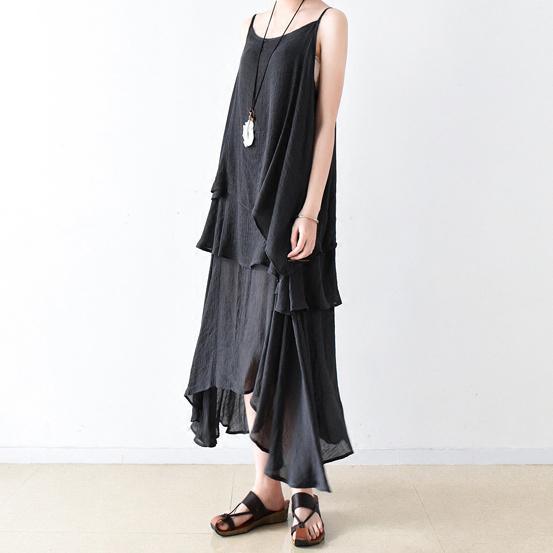 Fall Black Cotton Dresses Flowy Cardigan With Asymmetrical Layered Dress Inside Two Pieces - Omychic