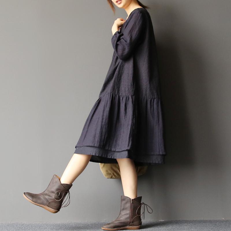 fall black loose layered cotton dress French elements - Omychic