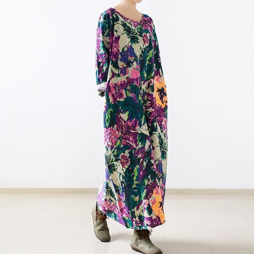 fall bright flower print long sleeve linen dress long cotton maxi dresses gown - Omychic