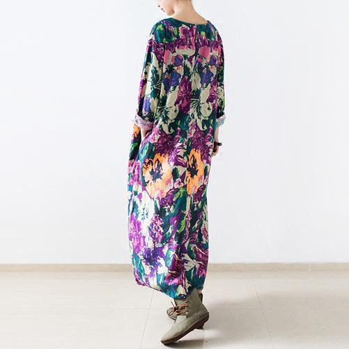 fall bright flower print long sleeve linen dress long cotton maxi dresses gown - Omychic