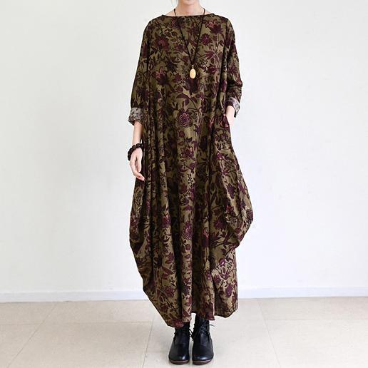 Fall Brown Baggy Long Sleeve Linen Dresses Long Cotton Maxi Dress Oversized Cotton Clothing - Omychic