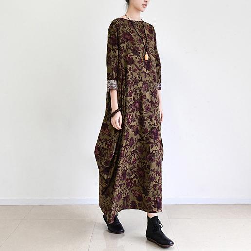 Fall Brown Baggy Long Sleeve Linen Dresses Long Cotton Maxi Dress Oversized Cotton Clothing - Omychic