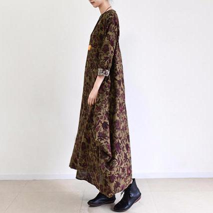 Fall Brown Baggy Long Sleeve Linen Dresses Long Cotton Maxi Dress Oversized Cotton Clothing - Omychic