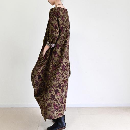 Fall Brown Baggy Long Sleeve Linen Dresses Long Cotton Maxi Dress Oversized Cotton Clothing - Omychic