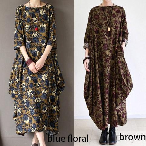 Fall Brown Baggy Long Sleeve Linen Dresses Long Cotton Maxi Dress Oversized Cotton Clothing - Omychic