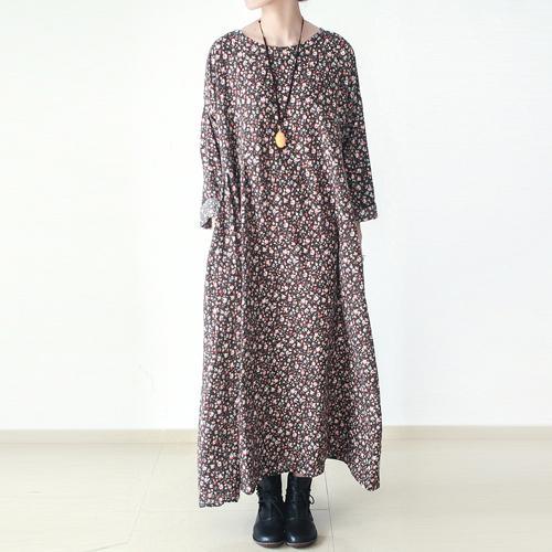 omychic plus size cotton linen vintage floral for women casual loose midi autumn winter
