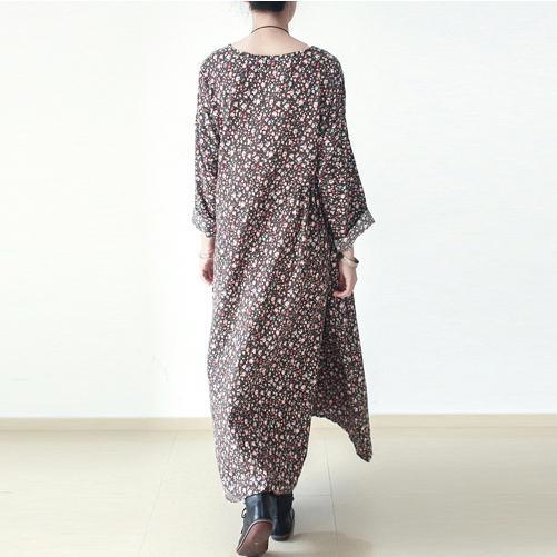 fall brown plus size floral cotton dresses long sleeve maxi dress gown - Omychic