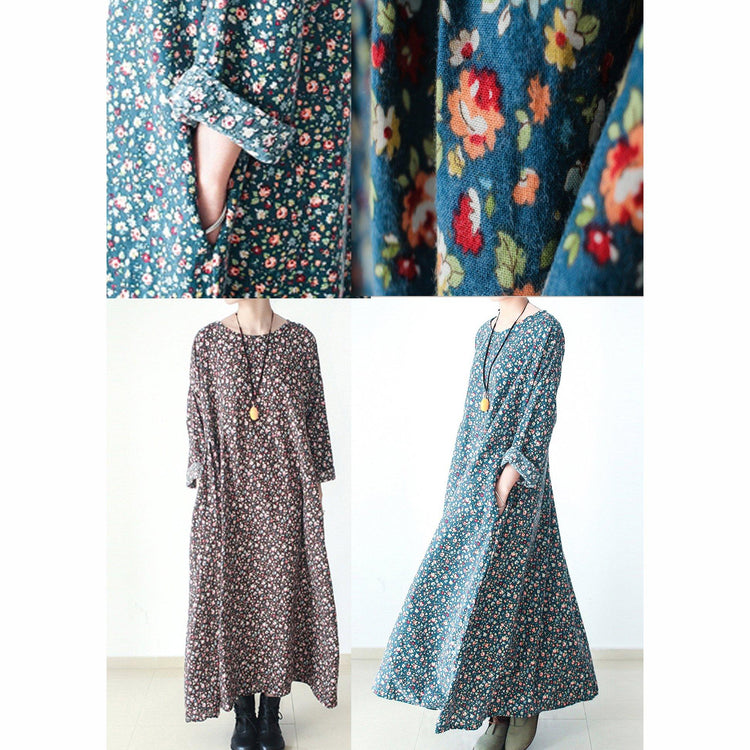fall brown plus size floral cotton dresses long sleeve maxi dress gown - Omychic