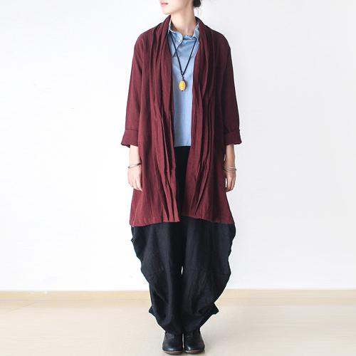 fall burgundy linen cardigan coats asymmetrical coat - Omychic