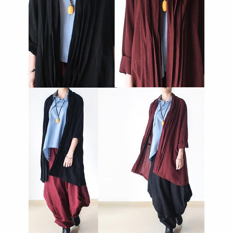 fall burgundy linen cardigan coats asymmetrical coat - Omychic
