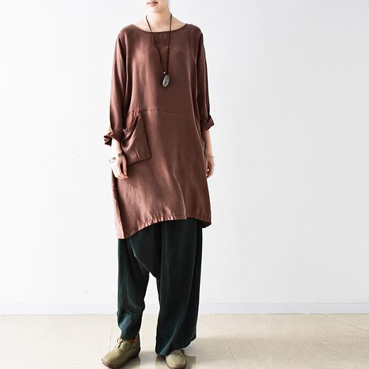 fall chocolate silk shift dress oversize blouse - Omychic