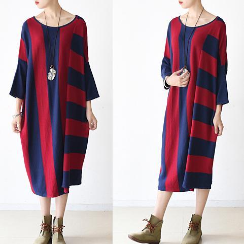 Fall Dress Red Oversized Striped Maxi Dresses Cotton Clothing - Omychic
