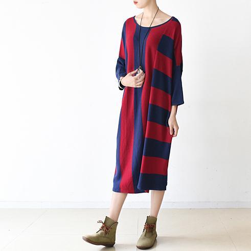 Fall Dress Red Oversized Striped Maxi Dresses Cotton Clothing - Omychic