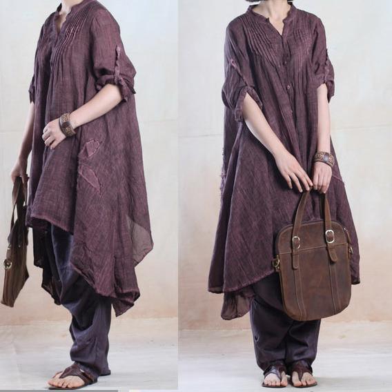 fall dresses vintage asymmetrical linen dress caftans overize in blackish purple - Omychic