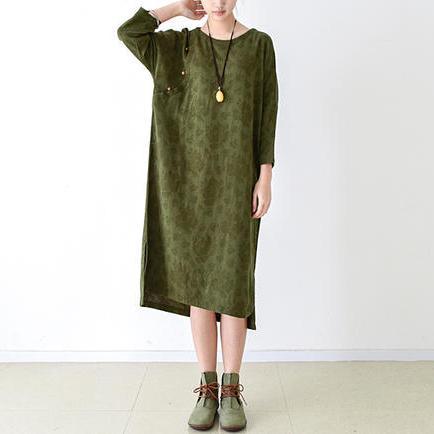 fall grass green cotton dresses plus size linen maxi dress - Omychic