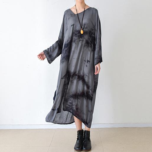 fall gray floral linen dresses asymmetrical long sleeve cotton dress plus size clothing - Omychic