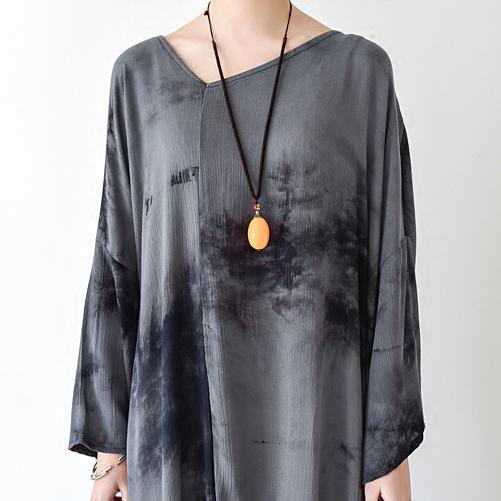 fall gray floral linen dresses asymmetrical long sleeve cotton dress plus size clothing - Omychic