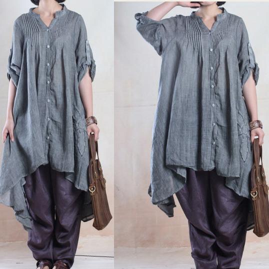 fall gray linen dresses half sleeve asymmetiral originally desgined plus size spring dress - Omychic