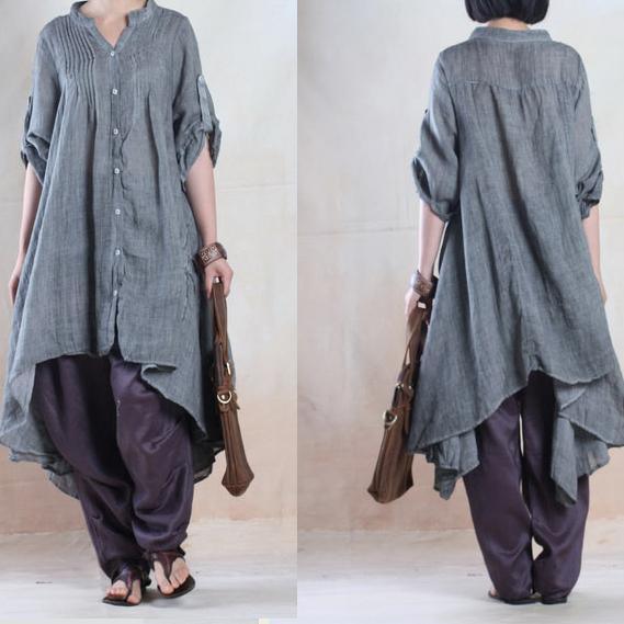 fall gray linen dresses half sleeve asymmetiral originally desgined plus size spring dress - Omychic