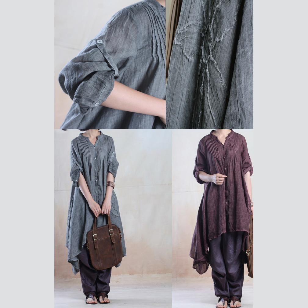 fall gray linen dresses half sleeve asymmetiral originally desgined plus size spring dress - Omychic