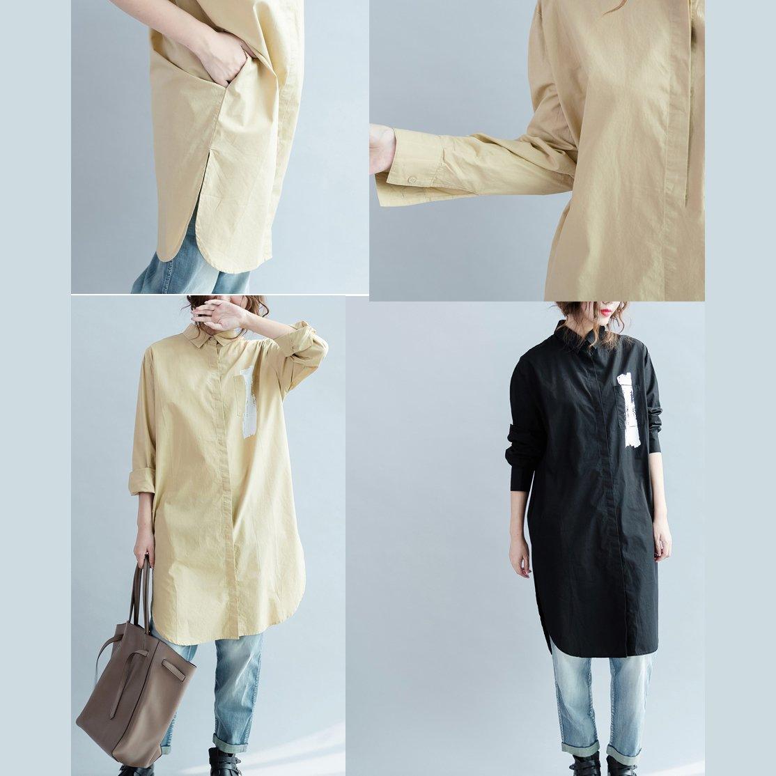 fall khaki cotton dress womens long shirt long sleeve cotton blouse - Omychic